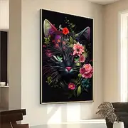 1 Vibrant Floral Cat Canvas Art Print Frameless Modern Wall Decoration Suitable For Living Rooms Bedrooms And Home Offices - Colorful Feline And Floral Designs