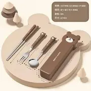 Stainless Steel Chopsticks / Fork / Spoon / Case / Set (Various Designs) Set Of 4 - Chopsticks & Spoon & Fork & Case - Bear - Coffee - One Size