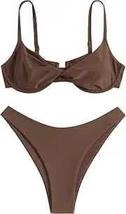 [ZAFUL] Women's Twist Front Bikini Sets Underwire Tie Back Bikini High Waisted Two Piece Swimsuit