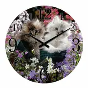 French Country Retro Glass Wall Clock Cute Fluffy Kittens 30cm