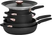 [Meyer] Accent Series Hard Anodised Non Stick Stainless Steel 6 Piece Cookware Set, Pots and Pans, Induction Compatible, Dishwasher Safe, Oven Safe, Matte Black with lids