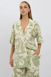 Green Abstract Relaxed Shirt Short Sleeve Linen Blend - Size 16XL, Women's Shirt