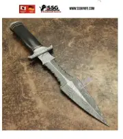 CUSTOM Damascus Hunting Full Tang Fighter Bowie KNIFE BULL HORN 13 Inches
