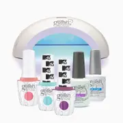6PC GELISH PRO GEL NAIL KIT - Blue/Pink Shimmer/Purple - Curing Lamp, Top Coat, Base Coat, 3 Colours
