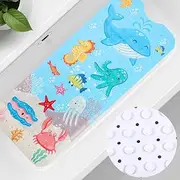 PRATIQUE Ocean Bath Tub Mat Blue Dolphin with Suction Cups for Secure Grip Hooks for Storage & Drying