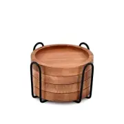 Acacia Wood Round Coasters Set of 4 with Iron Holder for Drinks, Tabletop