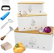 8PCS Kitchen Vegetable Storage Containers,Potato and Onion Garlic Storage Bin with Peeler,Slicer,Masher,Garlic Press & Cloth, Carbon Steel Potato Storage Box with Airflow & Wooden Lid (White)