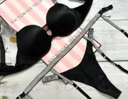 Victoria’s Secret Sexy 3 piece Shine Strap Push Up Bra Thong Garter Set Black