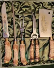 Vintage Jacobs & Co Carved Antler 5 Pc Carving Set Solingen Germany Rostfrei