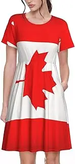 [EdWal] Canadian Flag Print Womens Sundress Summer Floral Short Sleeve Wrap Round Neck A-Line Midi Dress Summer