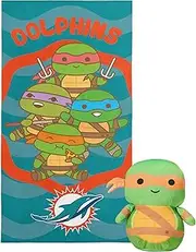 NORTHWEST Official NFL Miami Dolphins & Teenage Mutant Ninja Turtles Seashells Character Hugger Plush & Beach Towel Set, 27" x 54"