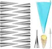 Joyeee 16 Pack Stainless Steel Cream Horn Molds Mini, With Piping Bags Reusable, Cream Icing Piping Nozzle Tip Long and Cleaning Nozzle Brush Baking Accessories Decorating Tool, 3.4 Inch