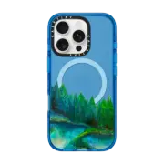 iPhone 16 Pro Impact Case MagSafe Compatible WOODLAND RETREAT 1, FOREST TREES TEAL BLUE GREEN NATURE MOUNTAINS PAINTING