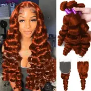 Orange Ginger LooseWave Remy10"-28" 3/4 Human Hair Bundle With 4X4 Medium Brown