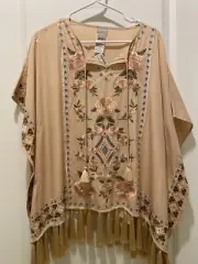 NWT Chicos Poncho Rose Boho Embroidered festival Hippy Fringe Oversize Top S M