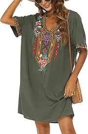 [Higustar] Women's Mexican Embroidered Dresses Peasant Tradition Bohemian Hippie Fiesta Plus Size Dress