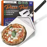 Stainless Steel Pizza Peel 12 inch with 10 inch Folding Handle - Spatula Paddle for Effortless Pizza Transfer & Easy Storrage - Outdoor Pizza Oven Accessories by KitchenStar