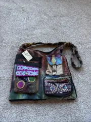 New NWT Blue Sky Embroidered Patchwork Expandable Crossbody Shoulder Bag Sequins