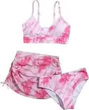 [Fldy] Girls 3 Piece Tankini Swimsuit Kids Tie Dye Swim Top with Cover Up Beach Bikini Skirt Set