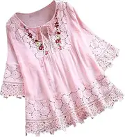 [Franterd] Mexican Embroidered Shirts for Women Boho Tops and Blouses 3/4 Sleeve Bohemian Peasant Summer Plus Size Tunic Top