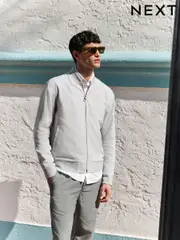 Light Grey Smart Linen Blend Textured Bomber Jacket (AF7214) | $107