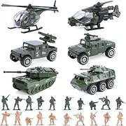 26 Pack Die-cast Military Vehicles Sets,6 Pack Assorted Alloy Metal Models Car Toys and 20 Pack Soldier Army Men,Mini Army Toy Tank,Panzer,Helicopter,Anti-Air Vehicle Party Favors for Kid Girl Boy