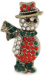 [Avalaya] Vintage Inspired Christmas Crystal 'Snowman' Brooch In Antique Gold Tone Metal - 35mm L