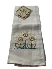 NOS Vintage Lint Free Hand Tea Towel Embroidered Floral Sunflower Tan Beige