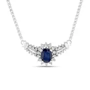 Oval Blue Sapphire and 0.5 CT. T.W. Natural Diamond Starburst Frame Necklace in 14K White Gold - 17"