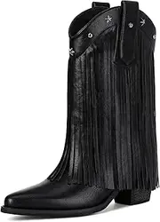 [Bybmorto] Fringe Cowboy Boots for Women – Mid Calf Cowgirl Boots with Star Studded, Pointed Toe and Chunky Heel, Perfect for Country Music Festivals, Black, 12