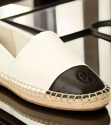 TORY BURCH COLOR-BLOCK IVORY BLACK LEATHER ESPADRILLE FLAT EMBROIDERY LOGO SZ 11