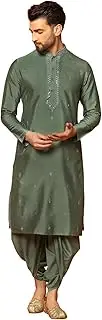 [KISAH] Men's Kurta Dhoti Set Cotton, Full Sleaves, Knee Length, Straight, Regular Fit, Mandarin Collar Green Ethnic wear