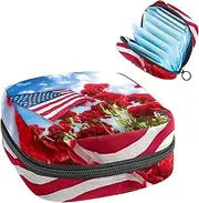 Period Bag,Sanitary Napkin Storage Bag,American Flag and Flowers,Tampon Bag for Purse