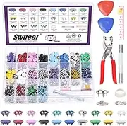 Swpeet 200Sets - 807Pcs 3/8" 2 Styles 10 Colors Solid and Hollow 5 Prong Metal Snaps Buttons with Snap Fasteners Tool Fastener Pliers and Tailor's Chalk Assortment Kit, Snap on Buttons for DIY Craft
