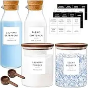 Glass Laundry Storage Containers Set, 4 Pack Liquid Detergent Dispenser with Cork Lid & Laundry Room Organization Jar with Acacia Lid, Fabric Softener Dispenser Bottles and Powder Detergent Organizer