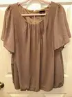 Zenobia 3X mocha Shirt With A Bubble Hymn, Flutter Sleeves, Gold Button Closure