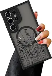 [RUNGOS] Magnetic for Samsung S24 Ultra Case MagSafe [Beautiful Flower Prints] [Strong Magnet] [12Ft Drop Tested] Hard Back Shockproof Cover for Samsung Galaxy S24 Ultra Case, Translucent Matte Black