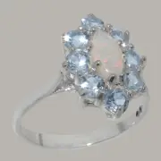 Solid 14k White Gold Natural Opal & Aquamarine Womens Cluster Ring