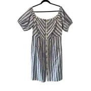 City Chic Striped Linen Blend Button Through Midi Dress Size M