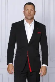NWT 40L BLACK WITH RED TRIM MENS SUIT, TAILOR FIT, VENTED, FLAT FRONT PANTS,