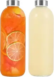 LIMILI Glass Bottles With Stainless Steel Lids, 2 Pack 1000ML Water Bottles, Leak Proof Reusable Drinking Bottles for Hot Cold Drinks, Work, Gym, Home
