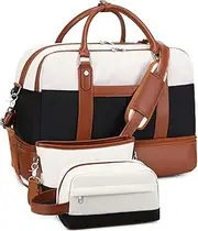 [BOVIP] Weekender Bags for Women Overnight Bag Large Canvas Travel Duffel Bag with Shoe Compartment Carry On Tote Bag 3Pcs Set, A3-Black White Set, Large, Travel Bag