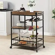 IHOMDEC Kitchen Serving Cart, 3 Tier Storage Bar Cart, Storage Basket and Wine Rack, Kitchen Rolling Cart Removable Top Tray with Handle and Universal Casters with Brakes, Rustic Brown