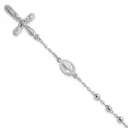 Sterling Silver Rhodium-plated Dangle Cross Beaded Rosary 7.5in Bracelet