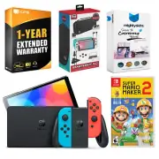 Nintendo Switch Neon Red/Blue OLED Console + Mario Maker 2 + Accessory Gamer Kit