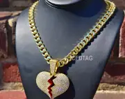 HIP HOP ICED JUMBO SIZE BROKEN HEART PENDANT & 30" CUBAN LINK CHAIN NECKLACE SET