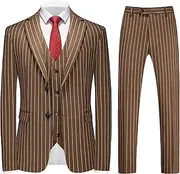 [MOGU] Mens 3 Piece Pinstripe Suit Slim Fit Double Vents Tuxedo Jacket Vest & Pants Casual Dress Set