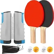 Ping Pong Paddle Set, Portable Table Tennis Set with Retractable Net, 2 Rackets, 4 Balls and Carry Bag for Children Adult Indoor/Outdoor Games