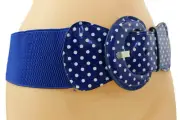 Women Fashion Wide Blue Elastic Belt White Polka Dots Circle Big Buckle M L XL