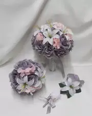 18 Piece Package Silk Flower Wedding Bridal Bouquet Grey White Lily Peach Blush